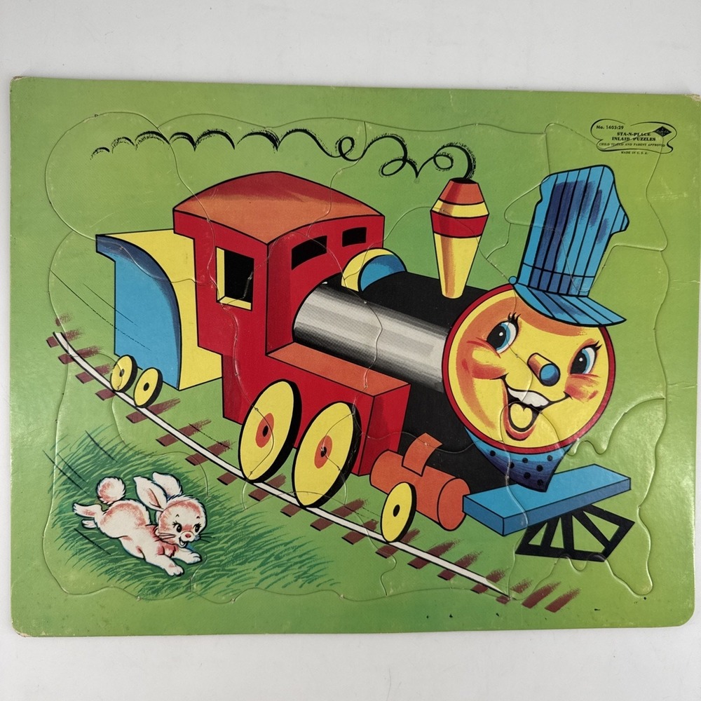 Puzzle Choo Choo Train Vintage Sta-N-Place‎ Inlaid Complete Built Rite No 1403:2